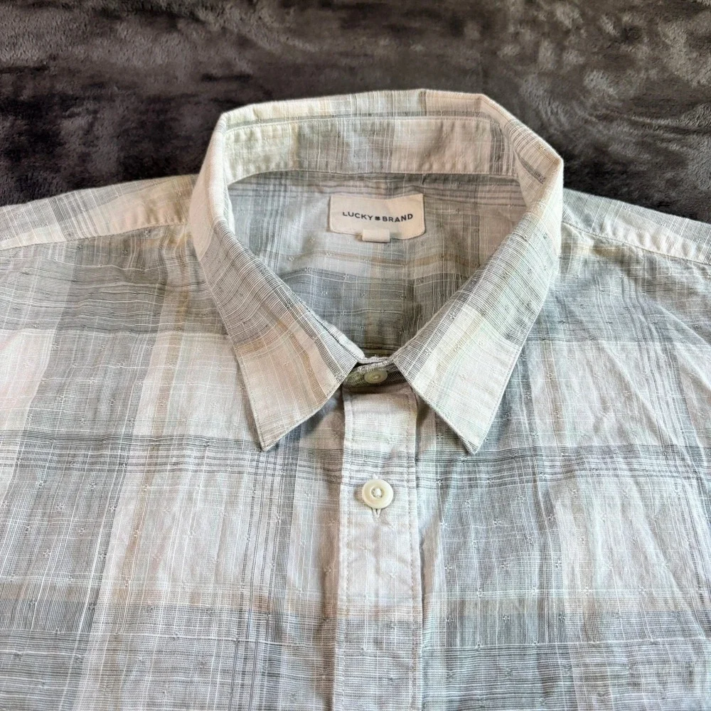 Lucky Brand Mens XXL Gray Plaid Short Sleeve Button Down Shirt Textured‎ Cotton